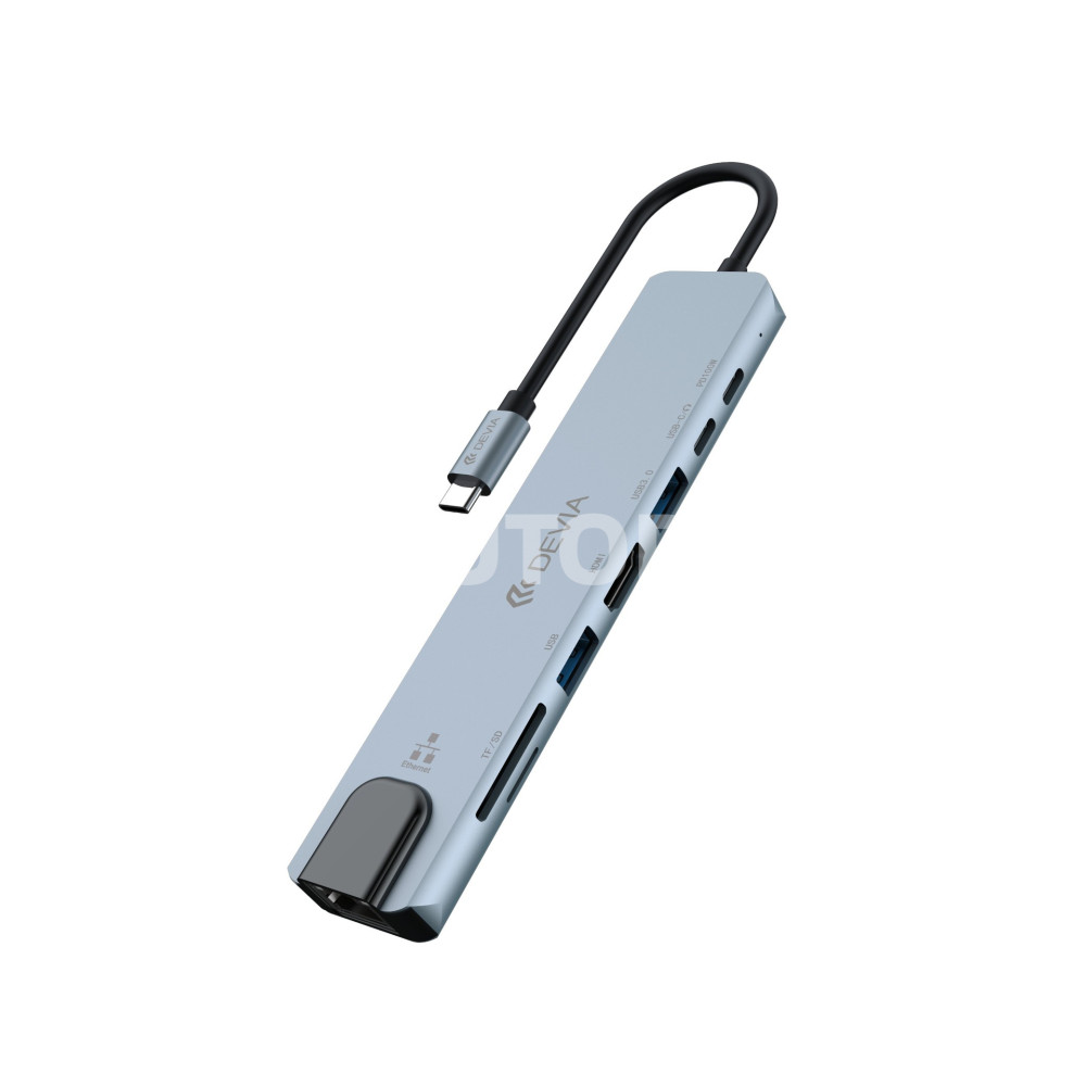 DEVIA HUB 8 EN 1 TIPO C HDMI / USBx2 / PD 100W / SD / ETHERNET GRIS