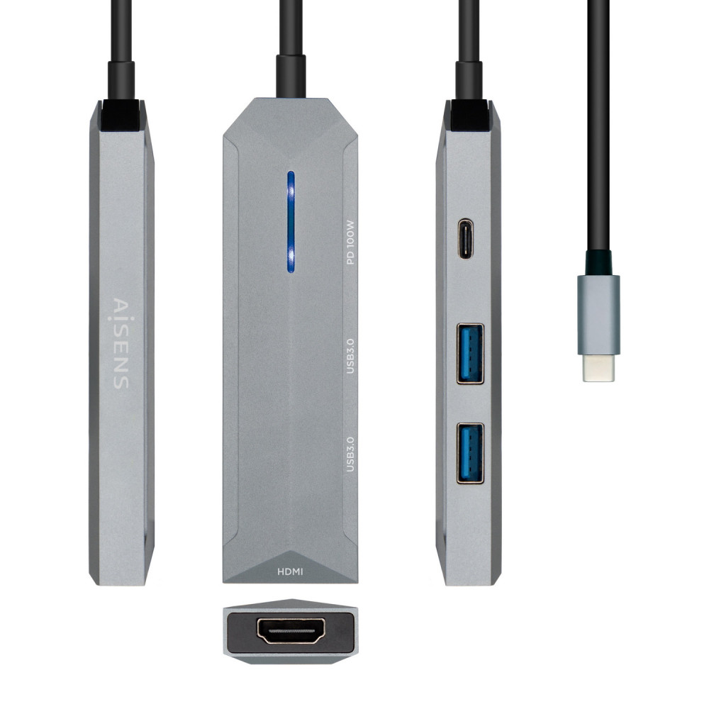 DOCK AISENS USB-C 4 EN 1 USB-C A 1xHDMI 2xUSB 1xPD GRIS 15CM ASUC-4P002-GR