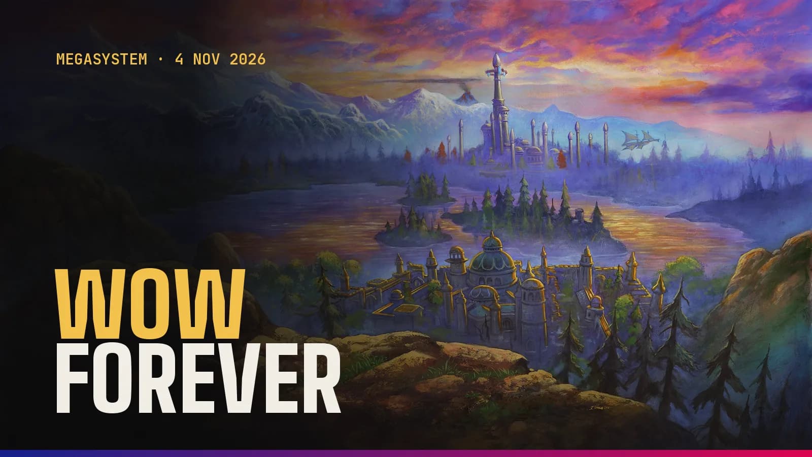 Official World of Warcraft: Forever artwork showing snow-capped mountains, a lake and a city of violet towers at sunset