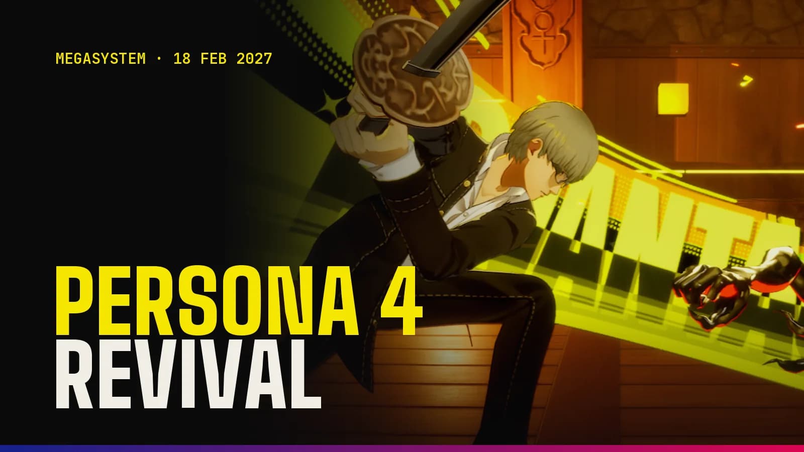 The Persona 4 Revival protagonist strikes a Shadow with his sword during a battle in Atlus's remake